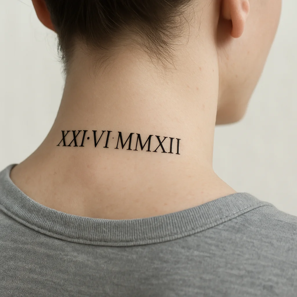 Roman numeral date tattoo in fine serif lettering across the nape of the neck