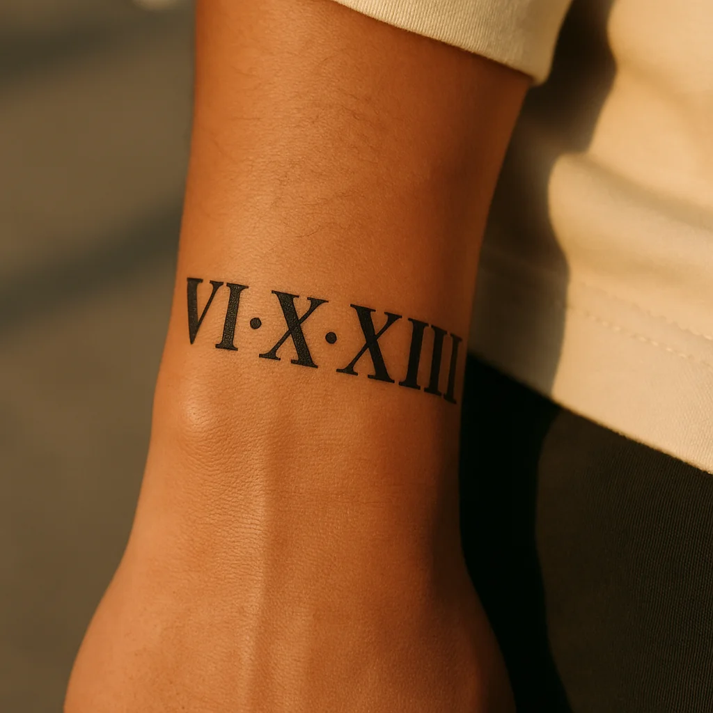 Roman numeral date tattoo in slab serif lettering across the outer wrist