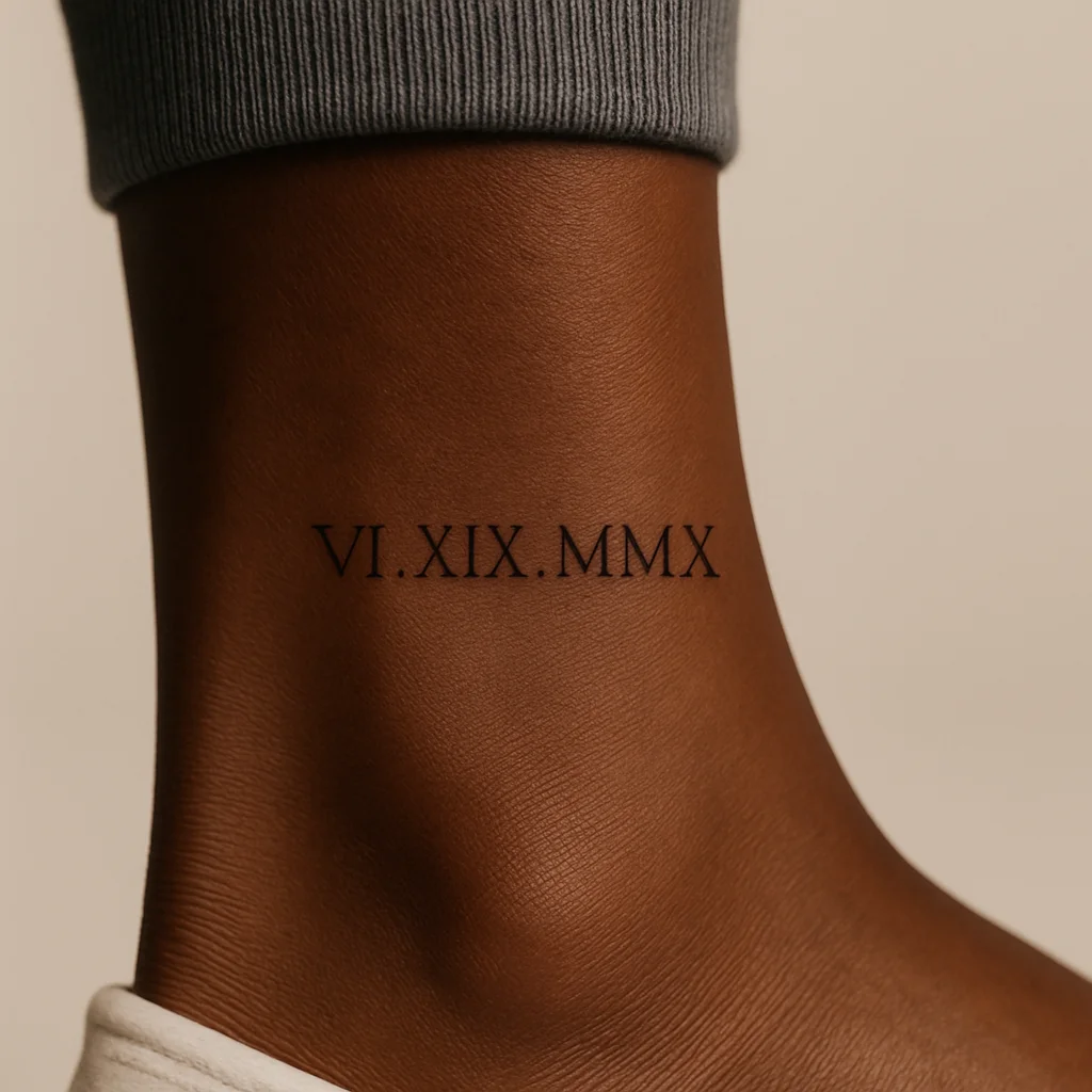 Roman numeral date tattoo in slim lettering above the ankle