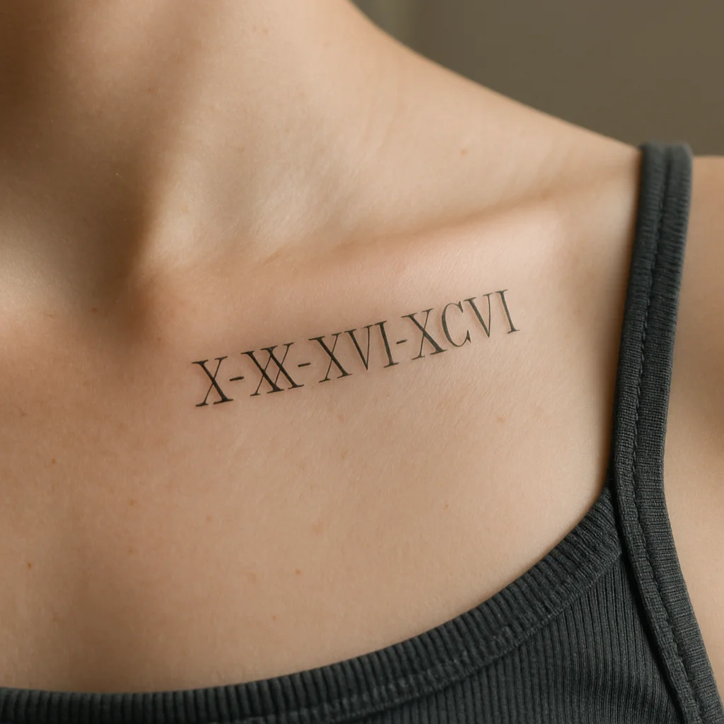 Roman numeral date tattoo in slim serif aligned along the collarbone