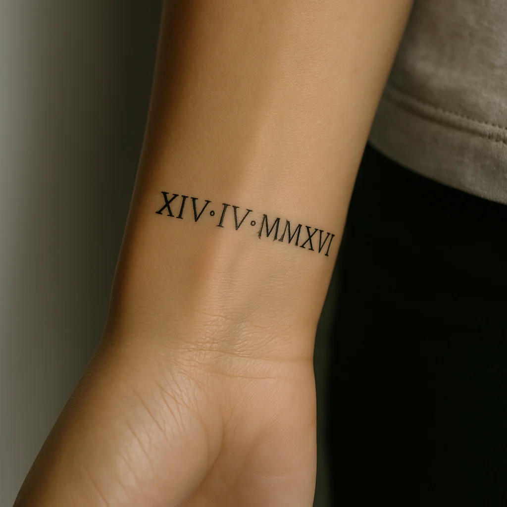 Roman numeral date tattoo running along the side of the wrist in minimalist lettering