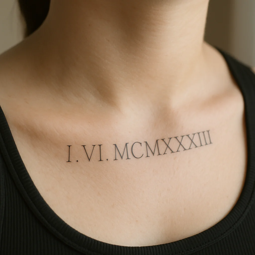 Roman numeral date tattooed in thin serif fine-line style along the collarbone