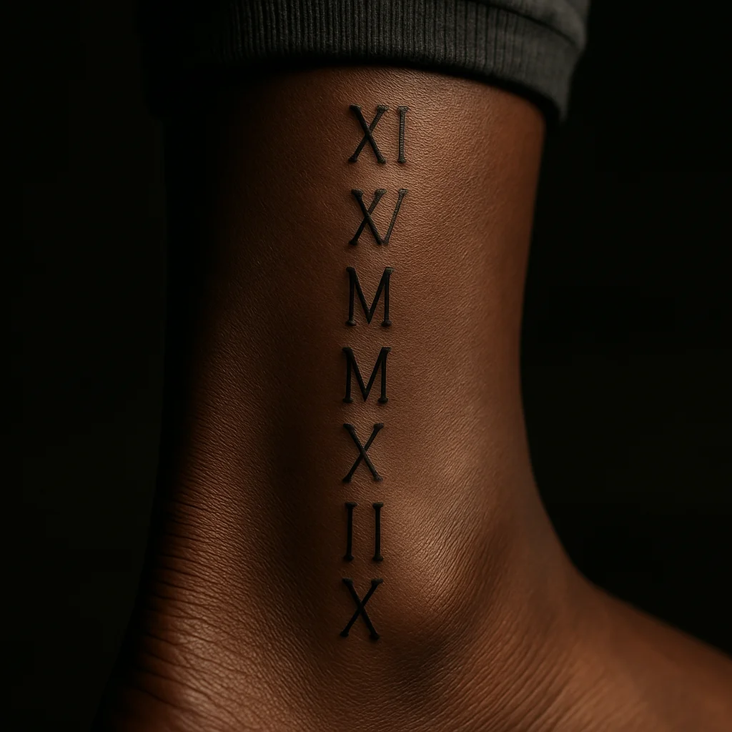 Roman numeral date tattooed vertically along the Achilles tendon