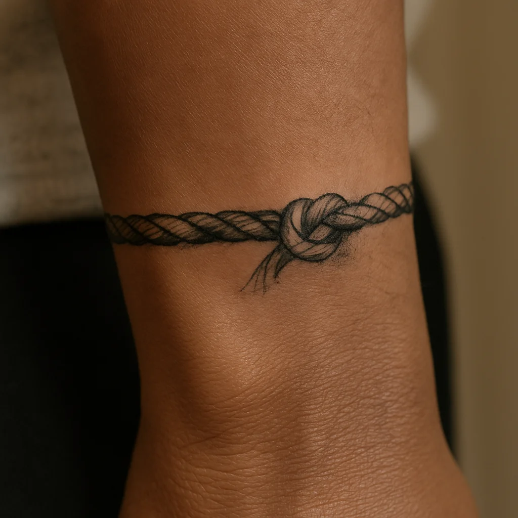 Rope chain bracelet tattoo with a single knot wrapping the wrist