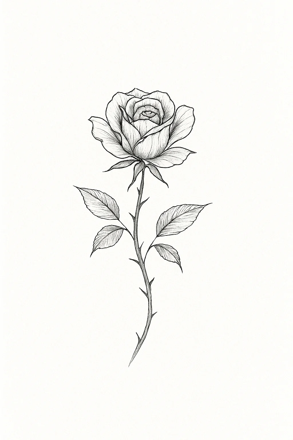 Rose with curved thorned stem tattoo design, black fine-line flash