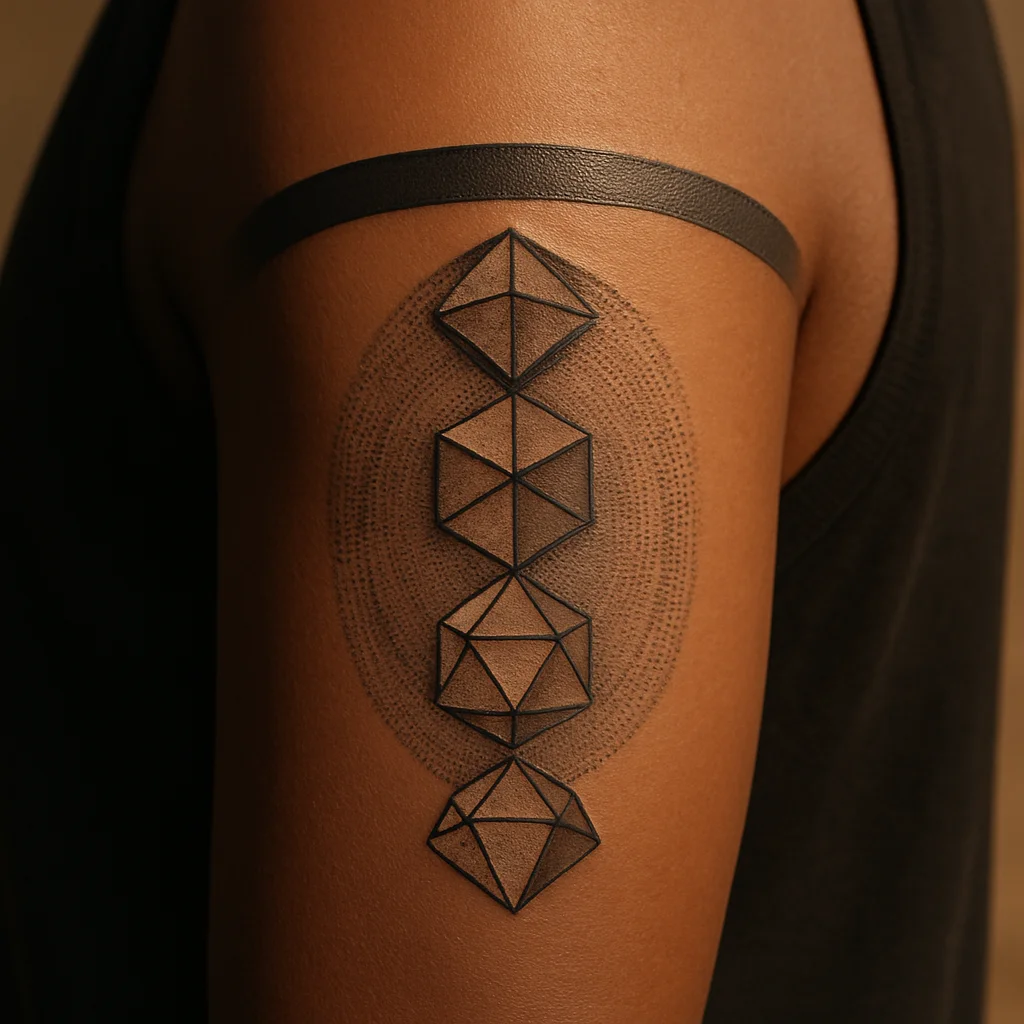 Sacred geometry dotwork panel tattoo from shoulder to elbow on a man's upper arm