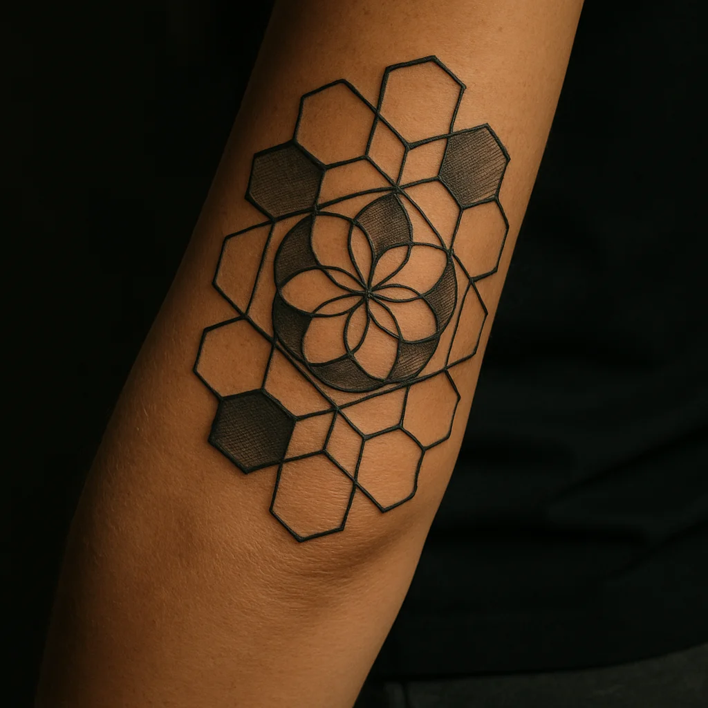 Sacred geometry sleeve with grey gradient fills on a woman's outer forearm