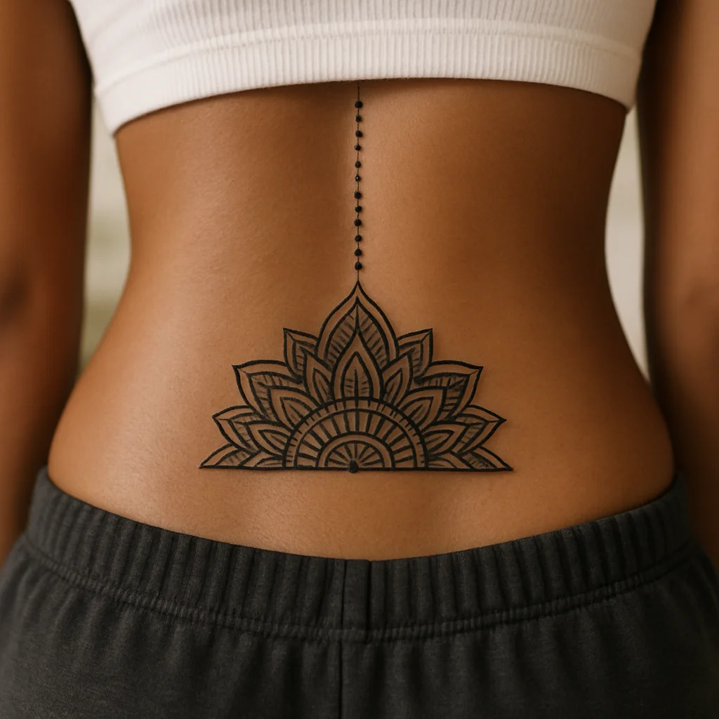 Sacrum half-mandala with beaded line rising up the lower spine, geometric tattoo