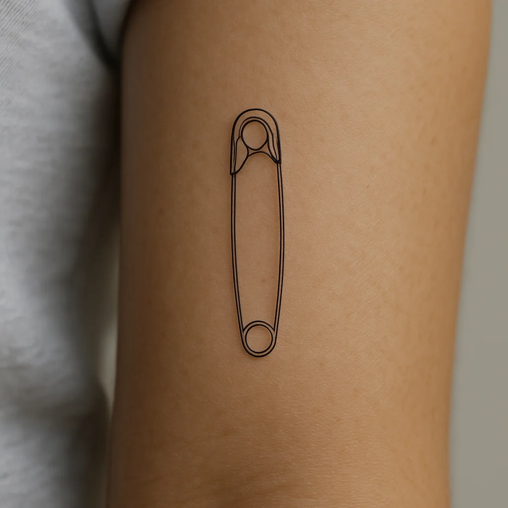 Safety pin as a single-line micro drawing, fine-line tattoo on inner forearm