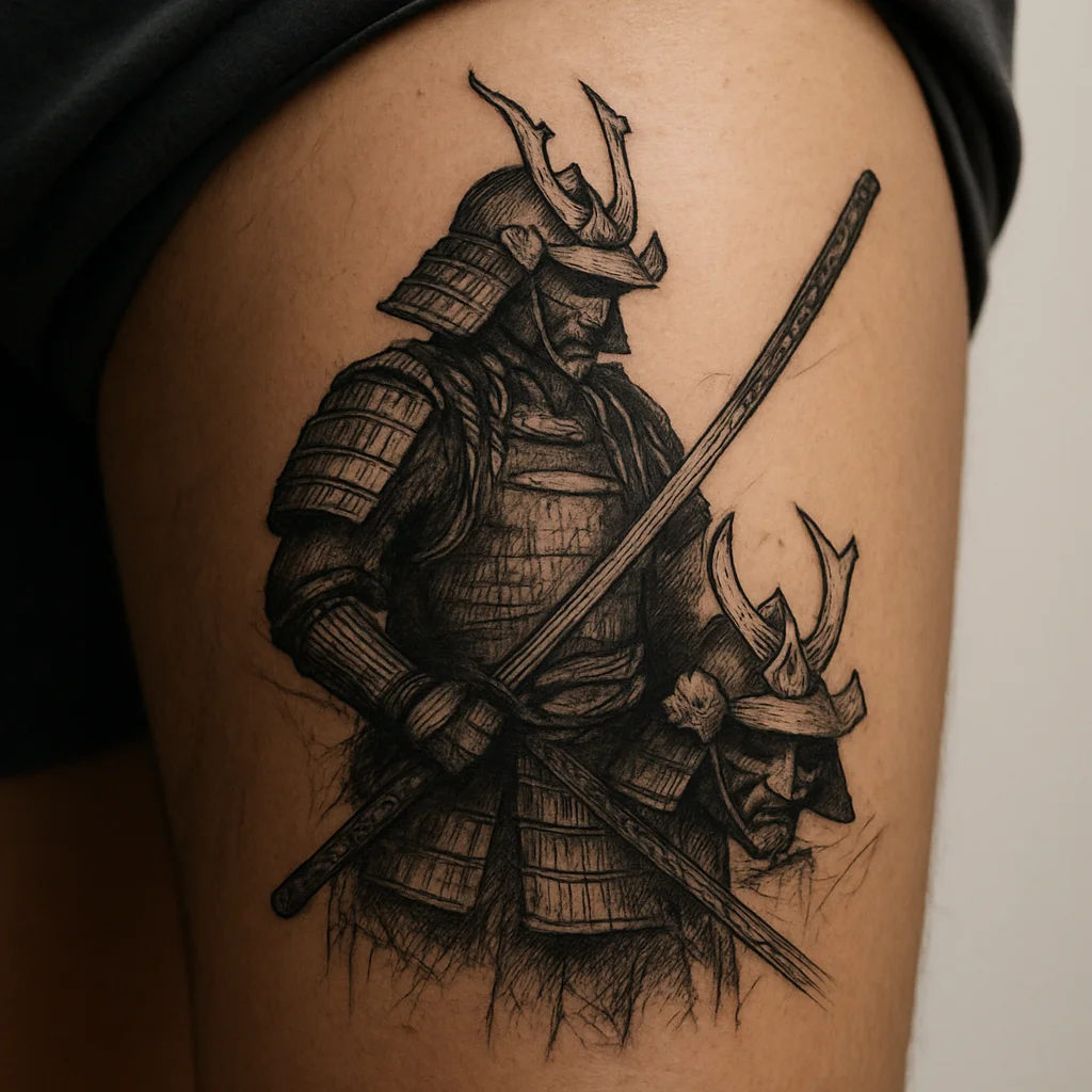 Samurai warrior tattoo in armour with sword crossing a man's full quad