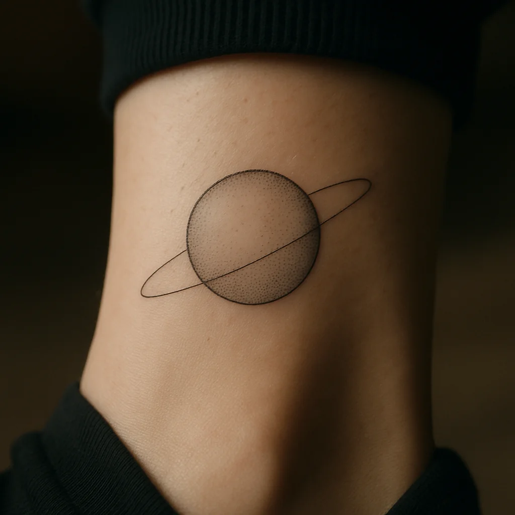Saturn with a single ring drawn in dots, fine-line tattoo on the ankle
