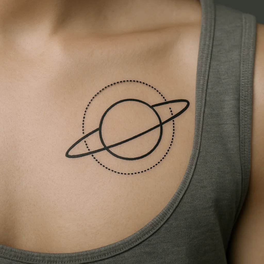 Saturn with one ring drawn as a dotted circle and single ellipse, geometric micro tattoo on chest