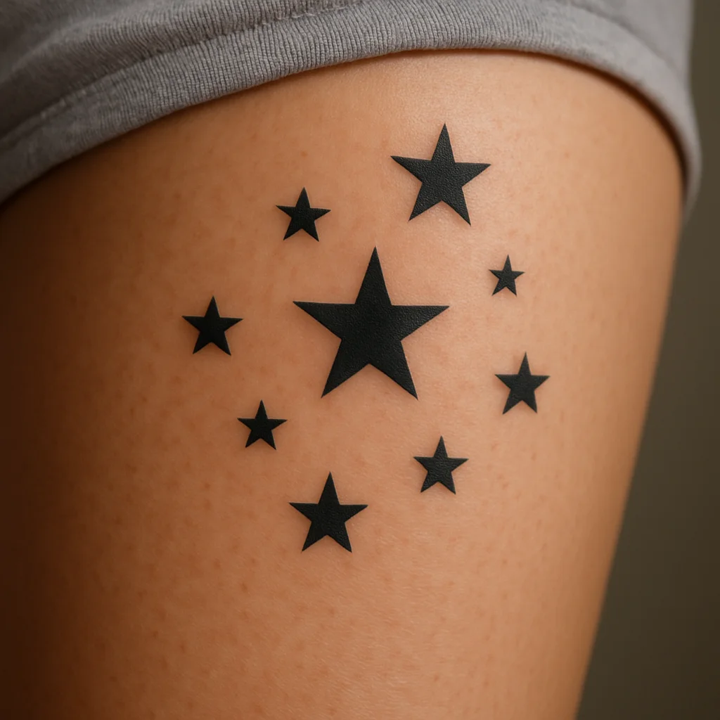 Scattered minimalist star tattoos drifting down the inner thigh