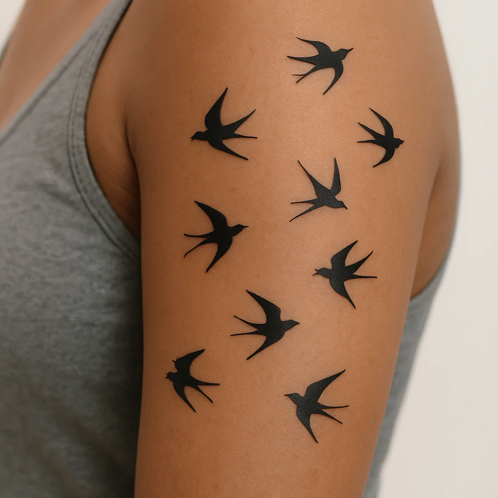 Scattered minimalist swallow silhouettes spaced from shoulder to elbow on the upper arm