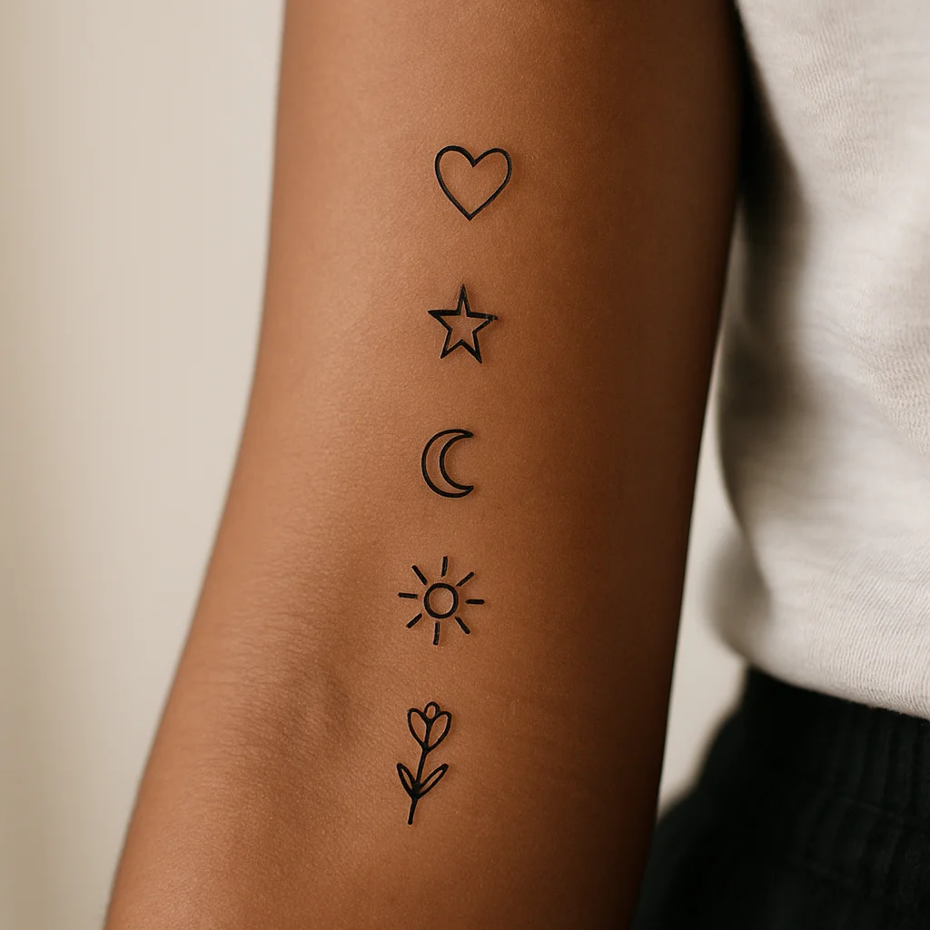 Scattered tiny minimalist icons spaced unevenly along the inner forearm