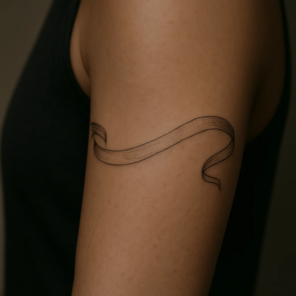 Script ribbon banner wrapping the upper arm like a bandeau in fine-line style