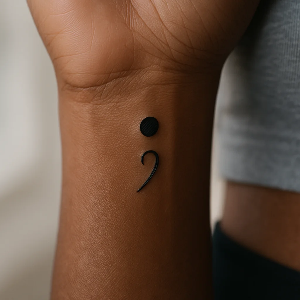 Semicolon mark, minimalist micro tattoo on side of the wrist