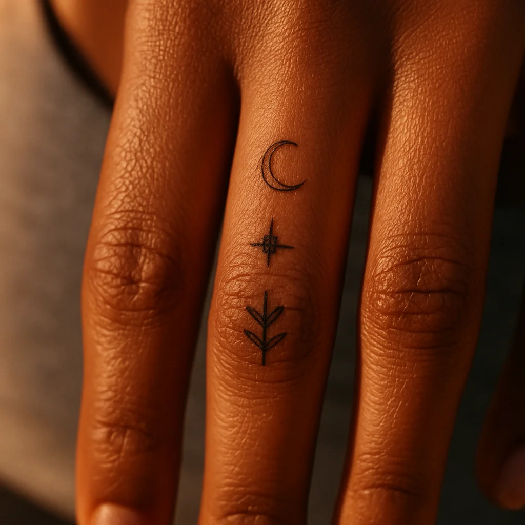 Set of three small fine-line finger tattoos spaced across adjacent fingers