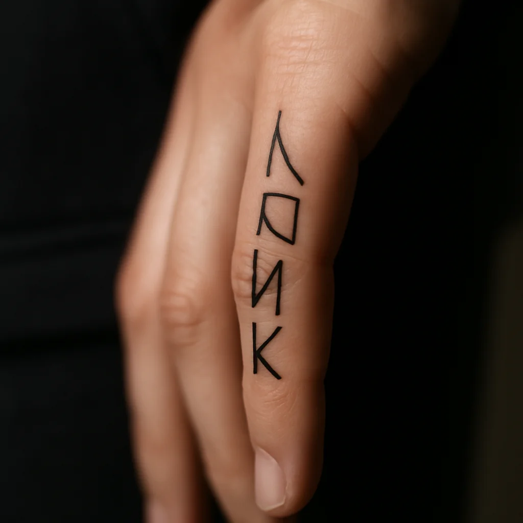 Short bold capital word tattooed lengthwise along the outer edge of the index finger