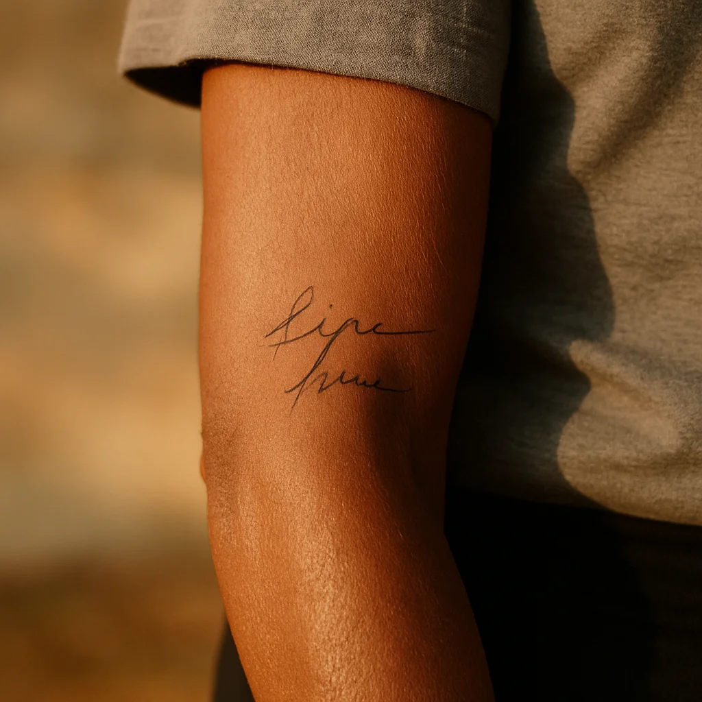 Short phrase in a grandfather's handwriting tattooed in fine line on the outer forearm