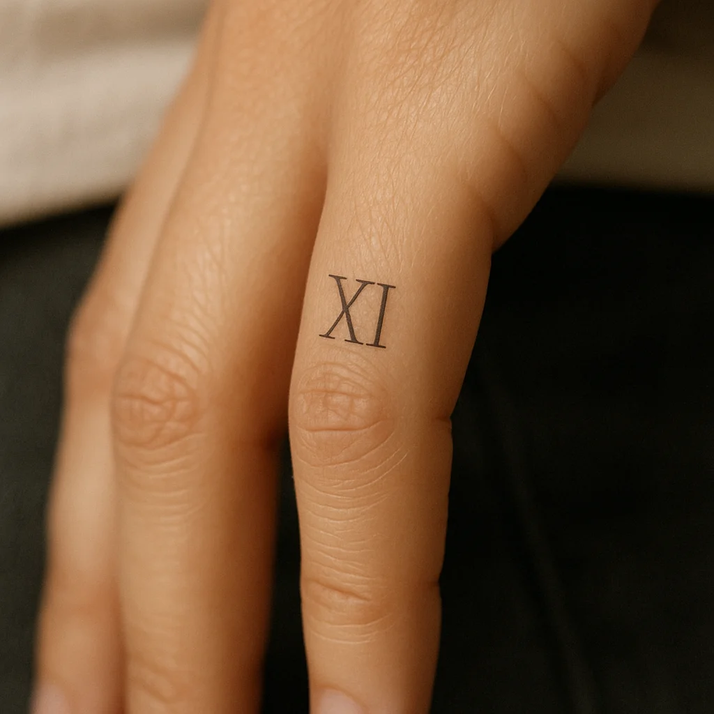 Short Roman numeral tattoo on the middle segment of a finger