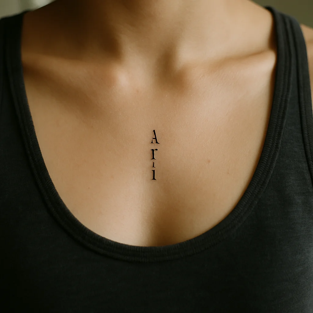 Short serif word tattooed vertically down the sternum below the collarbones