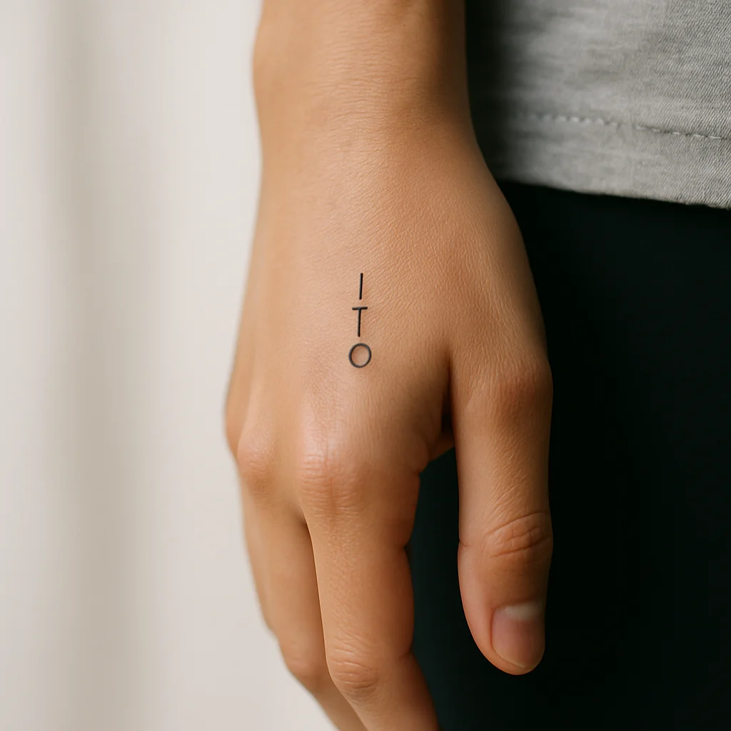 Short vertical word tattoo in simple type running down the blade of the hand