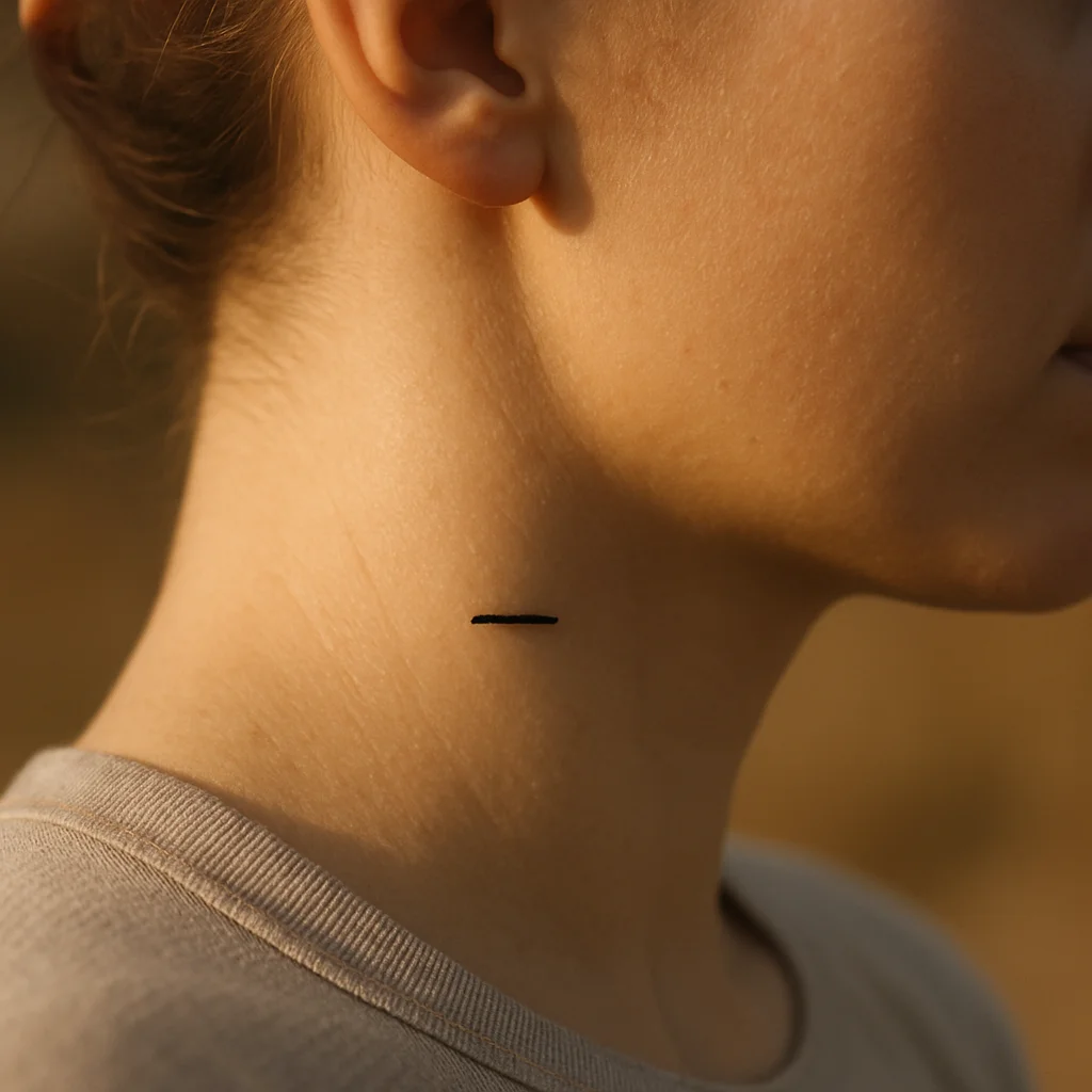 Short word tattoo in small caps lettering below the jaw on the neck