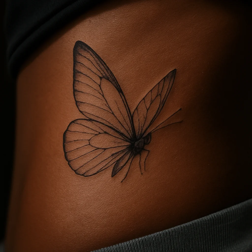 Side-profile butterfly, fine-line tiny tattoo on side of the ribcage
