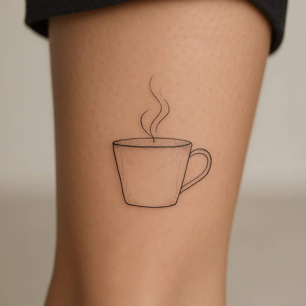 Side-view coffee cup with handle and two steam curls, fine-line tiny tattoo on calf