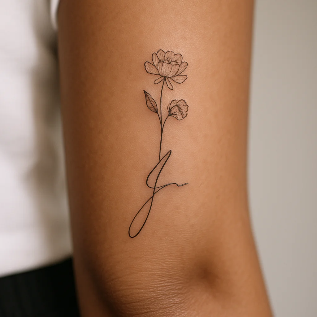 Signature tattoo whose stroke becomes a flower stem, fine-line design on the inner forearm
