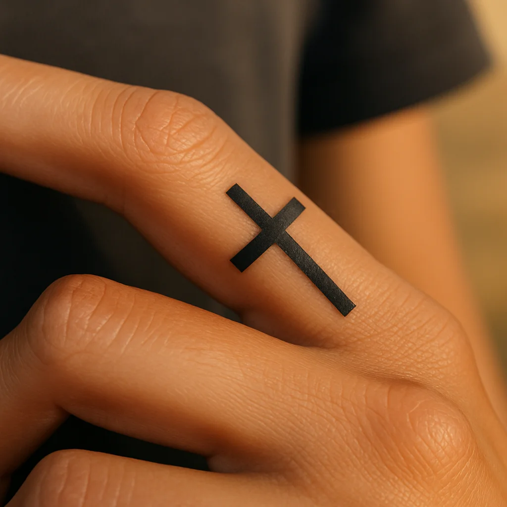 Simple bold cross tattoo on the outer side of a man's index finger