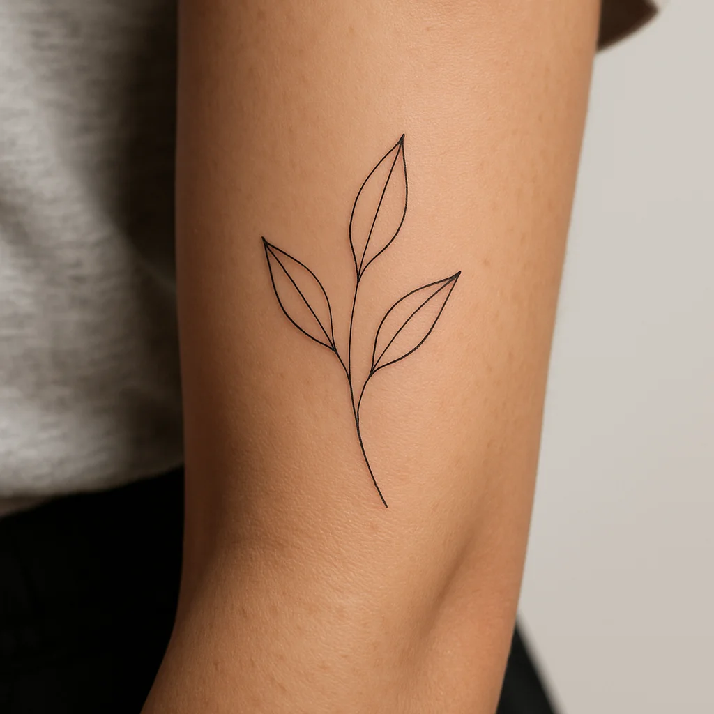 Simple three-leaf sprig in clean fine-line strokes tattooed on the inner forearm