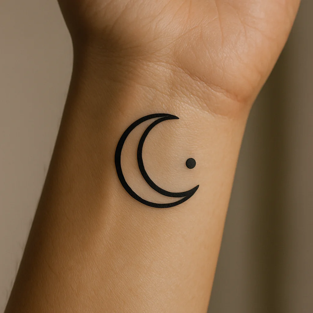 Simplified crescent moon and dot minimalist tattoo with bold line weight on inner wrist, healed small work example