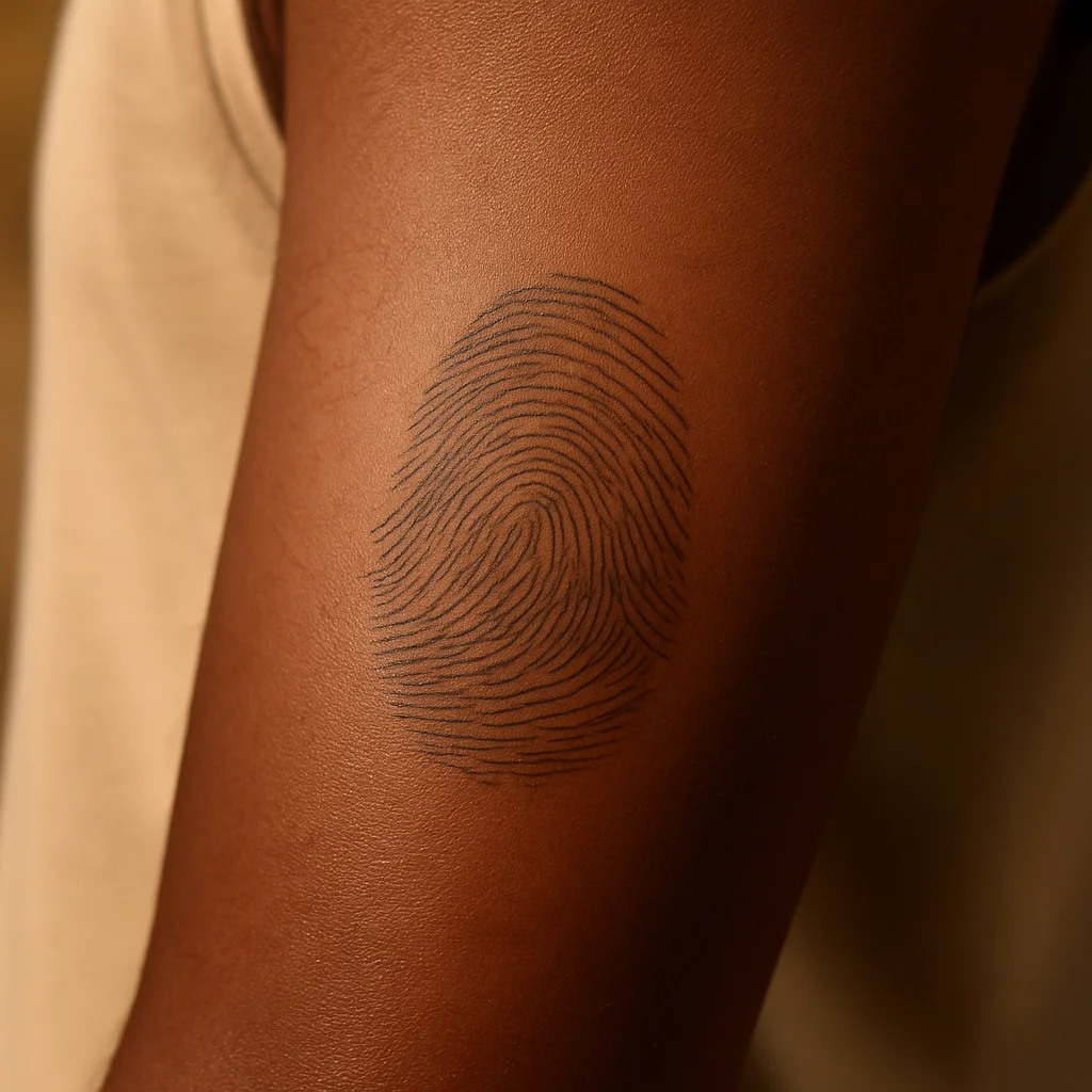 Simplified fine-line thumbprint tattoo on the inner forearm