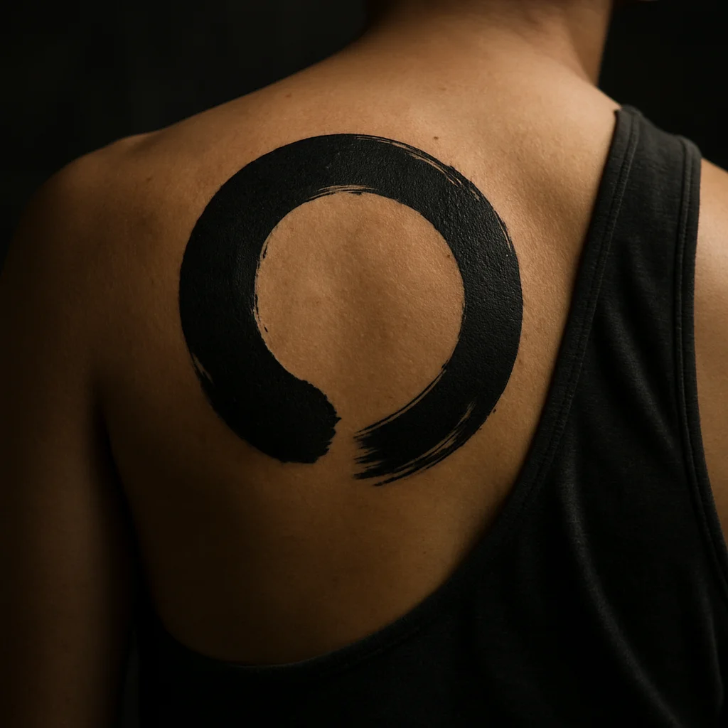 Single-brushstroke open enso circle tattoo in blackwork on the shoulder blade