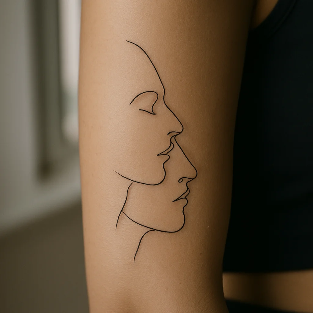 Single continuous line tattoo of two facing profiles on the inner forearm