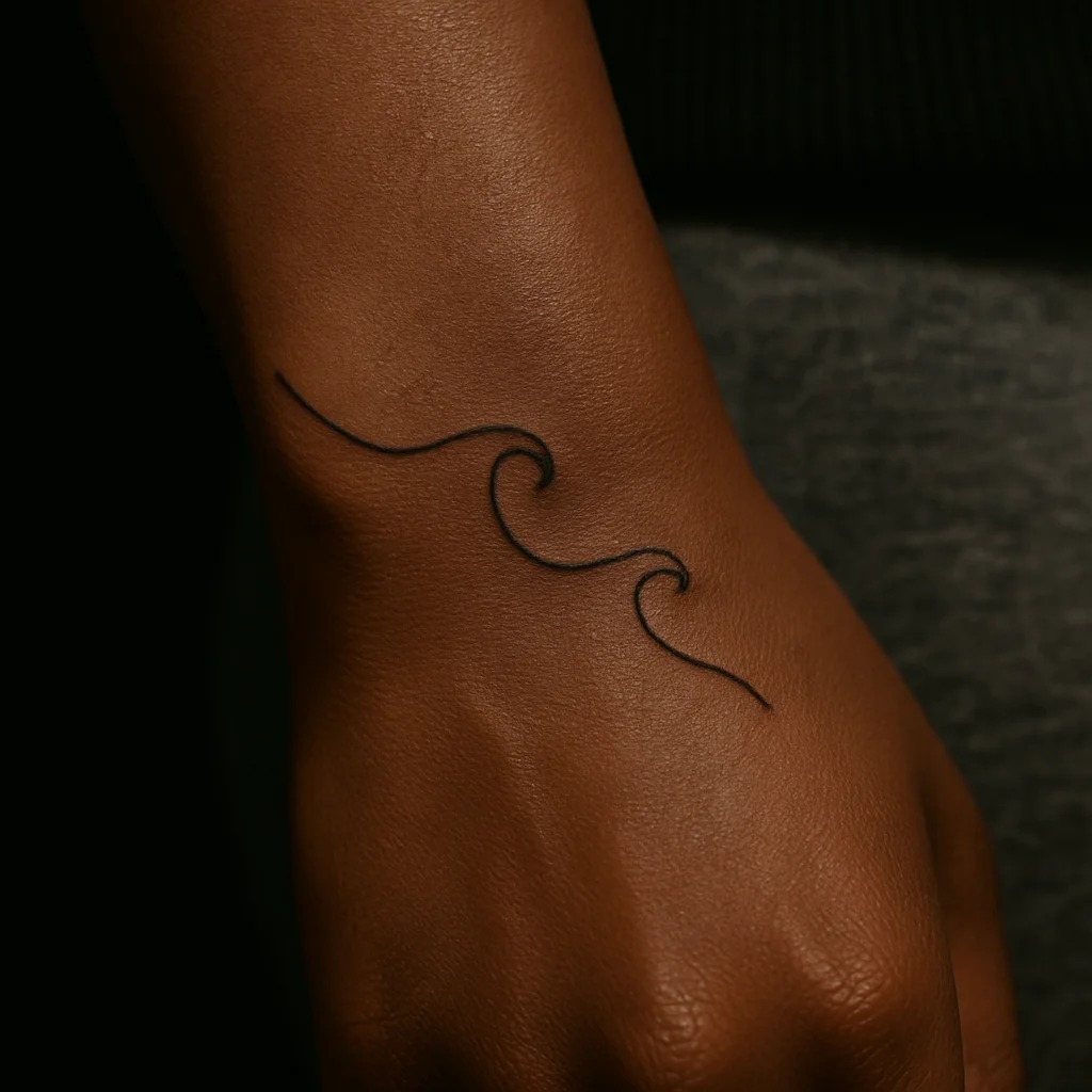 Single continuous wave line tattoo along the outer edge of a woman's hand