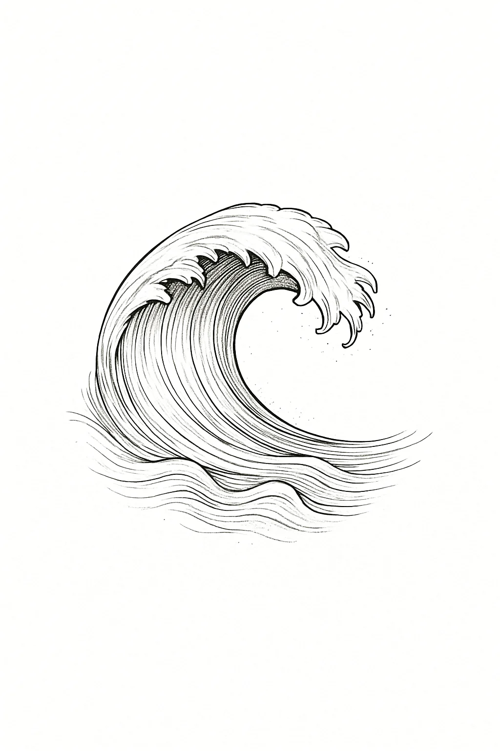 Single cresting ocewave tattoo design, black fine-line flash