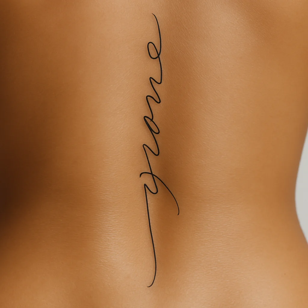 Single cursive word fine-line tattoo running down the lumbar spine centre line short phrase