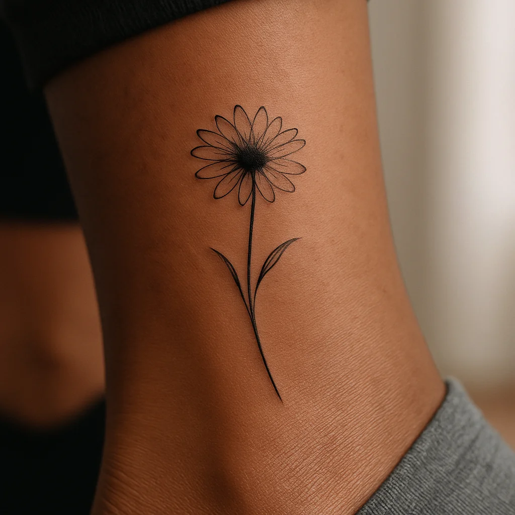 Single daisy in profile with curved stem tattooed on the outer ankle