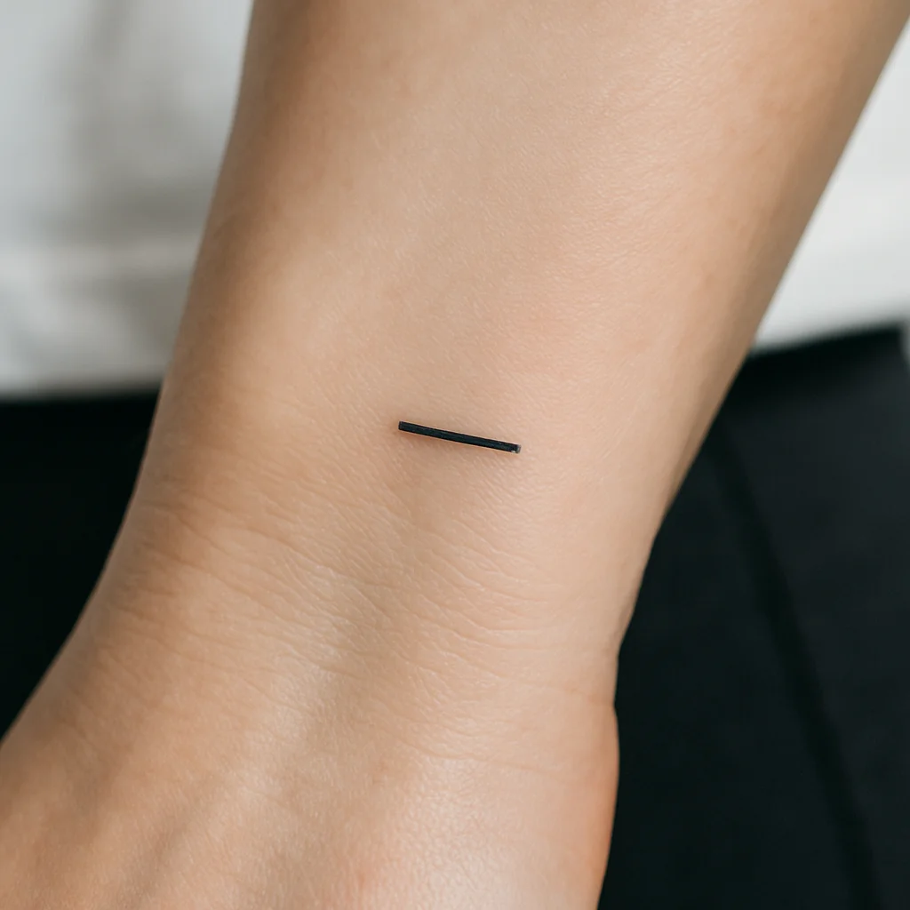 Single em dash mark tattooed in minimalist style on the side of the wrist