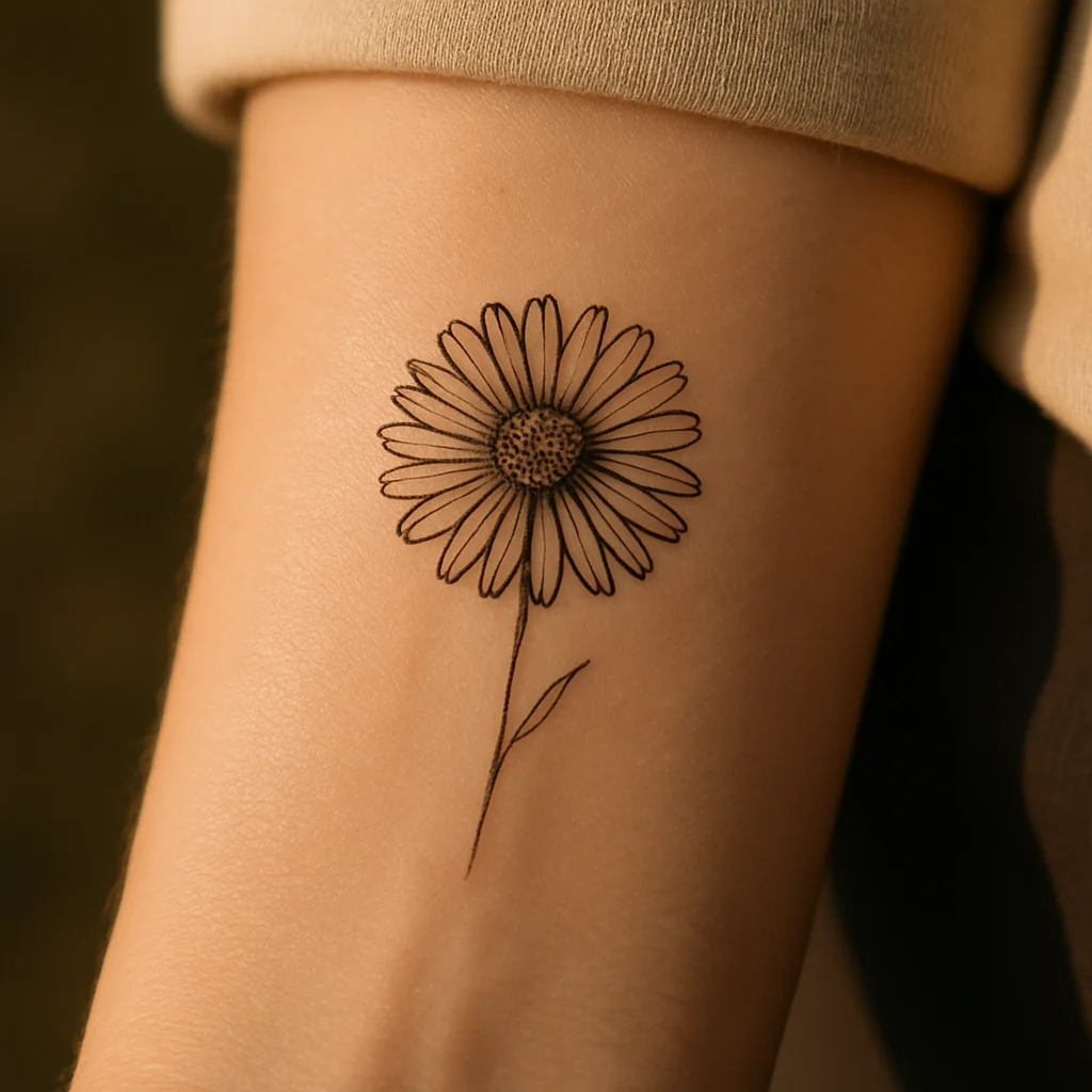 Single flat calendula marigold bloom with narrow ray petals in fine-line style on the inner wrist