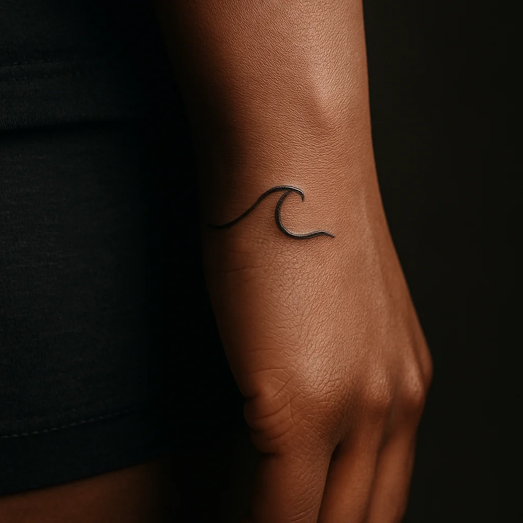 Single flowing wave line tattooed along the pinky edge of a man's hand