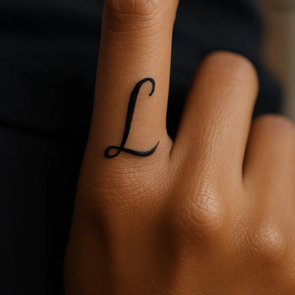 Single initial tattoo on the inner side of a woman's middle finger