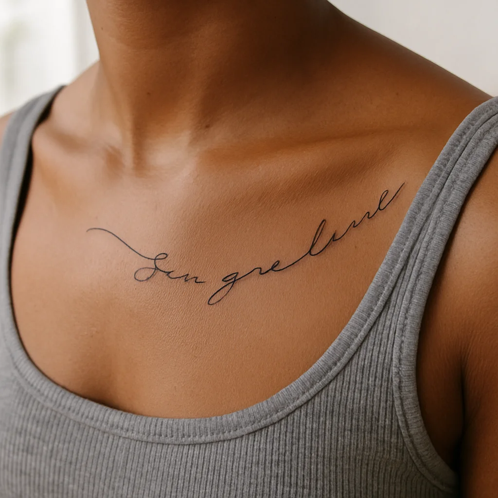 Single-line lyric script tattoo curving with the collarbone, fine-line style