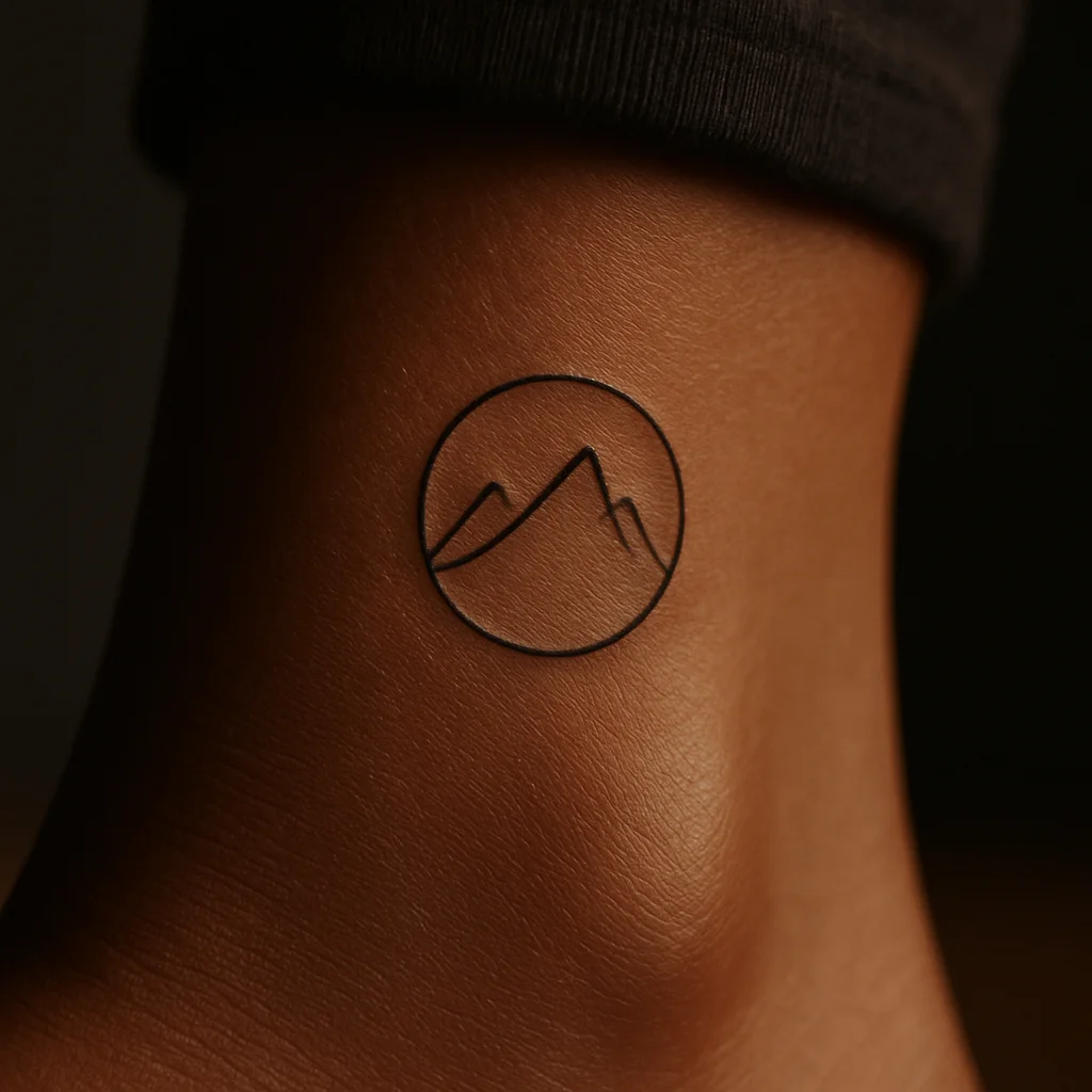 Single-line minimalist mountain outline tattooed on the outer ankle