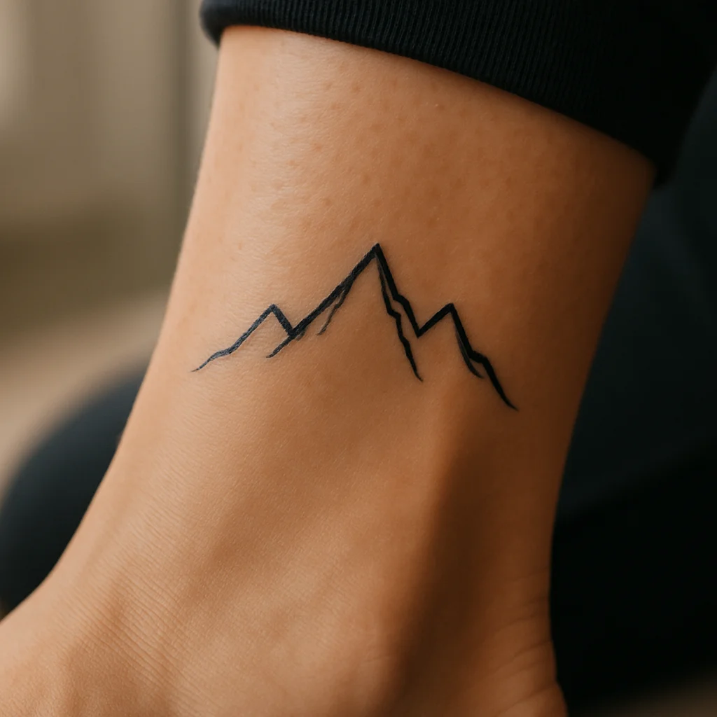 Single-line mountain range tattoo across the outer ankle