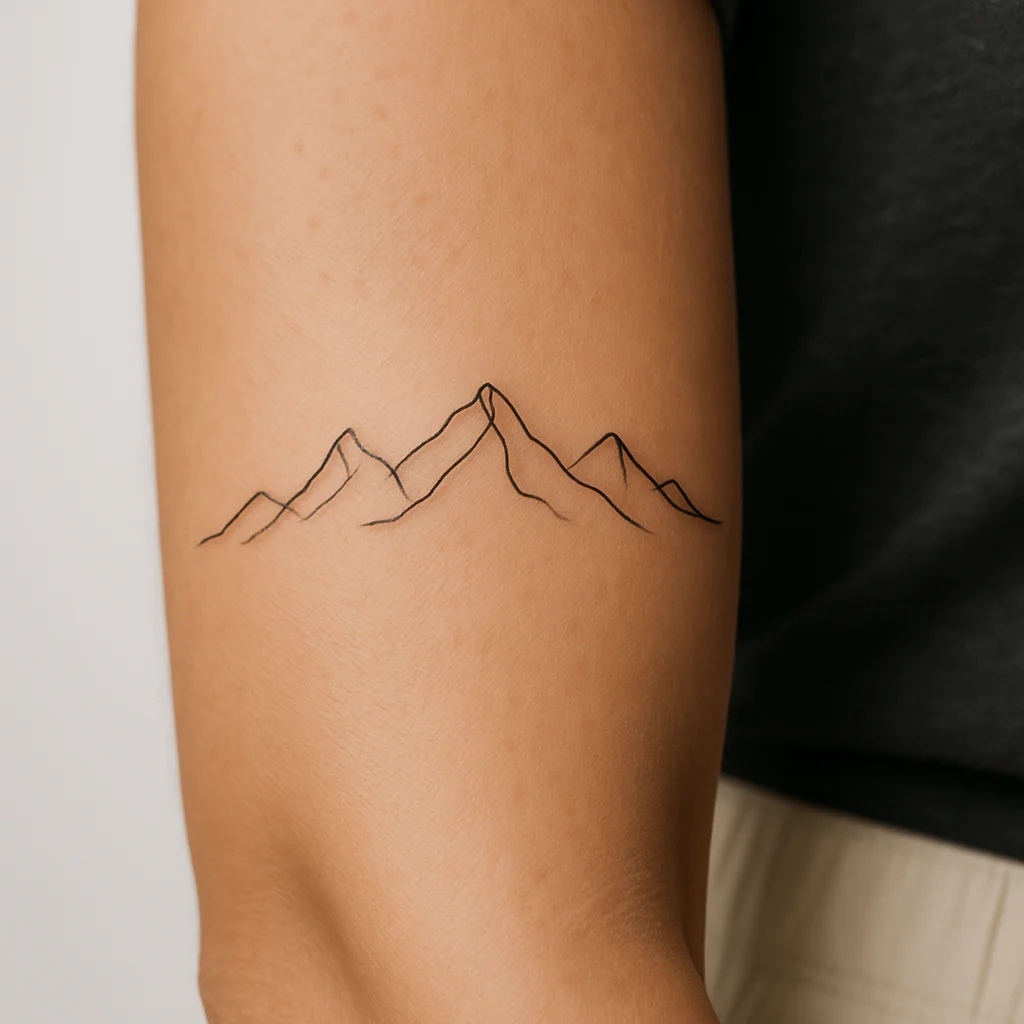 Single-line mountain range with four peaks tattooed on the outer forearm in fine-line style