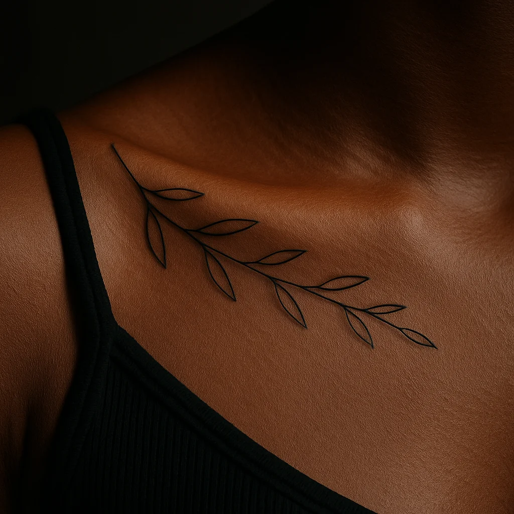 Single-line olive branch tattoo with alternating leaves running along the collarbone